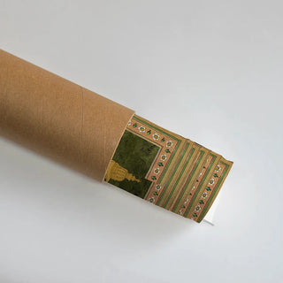 Rolled Krishna Leela Indian Wall Art Poster revealing intricate golden borders and lush garden motifs, perfect for traditional and luxury-inspired wall décor.