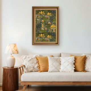 Krishna Leela Indian Wall Art framed above a cream sofa with textured cushions, bringing traditional Indian artistry into a cozy modern living space.