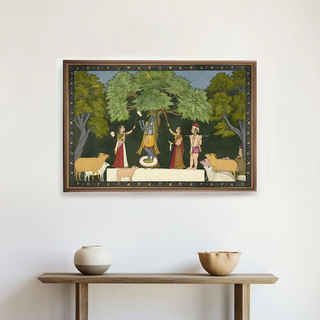 Krishna Leela with Gopies Vintage Indian Wall Art displayed above a minimalist console with earthen pottery, adding heritage and serenity to the interior.