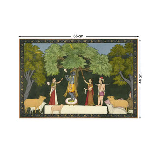 Krishna Leela with Gopies Vintage Indian Wall Art Digital Print Poster in 44x66cm, depicting Lord Krishna under a tree surrounded by Gopies and cows in a traditional miniature painting style.