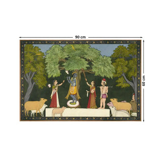 Krishna Leela with Gopies Vintage Indian Wall Art Digital Print Poster in 60x90cm, illustrating divine harmony with Lord Krishna, Gopies, and cows in a lush natural backdrop.