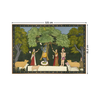Krishna Leela with Gopies Vintage Indian Wall Art Digital Print Poster in 81.2x121cm, a heritage-inspired depiction of divine love and devotion in earthy royal tones.
