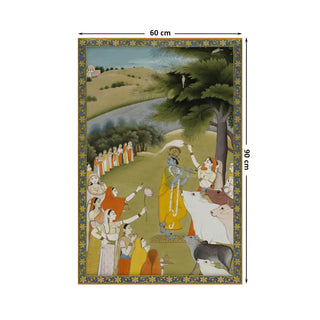 Krishna with Gopies Indian Vintage Wall Art Digital Print Poster in 60x90cm, featuring a devotional scene with Lord Krishna playing the flute, attended by Gopies and cows.
