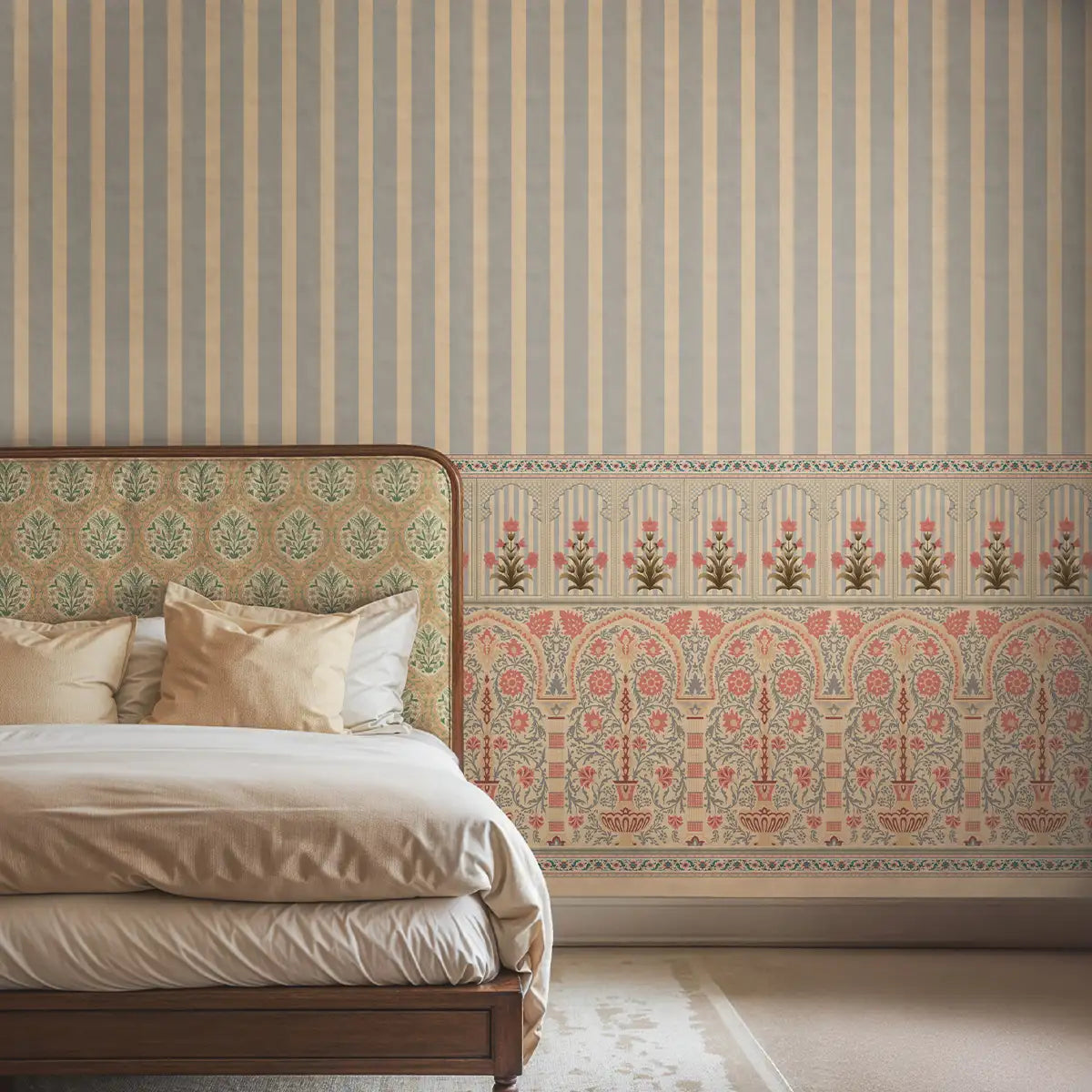 Kusum: Indian Floral Jharokha and Stripes Design Wallpaper Bedroom