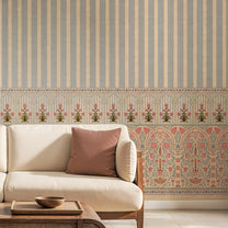 Kusum: Indian Floral Jharokha and Stripes Design Wallpaper Living Room