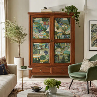 Lore of Persian Town in green and blue is a panoramic wallpaper inspired by the winding streets and ornate architecture of a Persian marketplace. view-wardrobe
