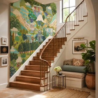 Lore of Persian Town in green and blue is a panoramic wallpaper inspired by the winding streets and ornate architecture of a Persian marketplace. view-staircase

