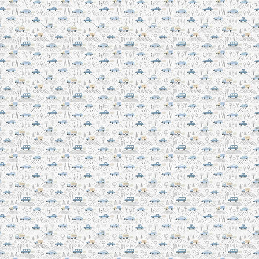 Highway to the Peaks: Cars Repeat Wallpaper Design for Kids, Off White