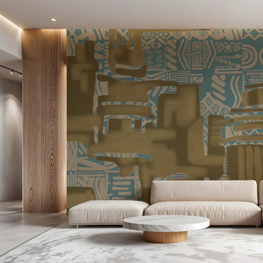 Kuba Abstract Fusion Design Wallpaper in Teal Color, Customised