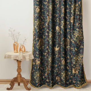 Full view of Majestica Readymade Curtain featuring embroidered mythical beasts and lush florals in a vintage-inspired palette.