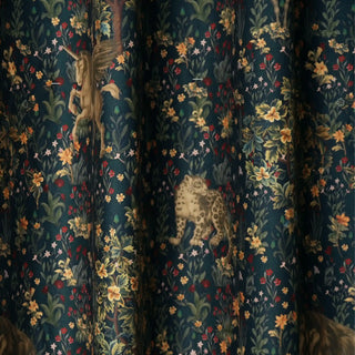 Majestica Readymade Curtain fabric detail highlighting intricate botanical design with mythical creatures and vibrant foliage.