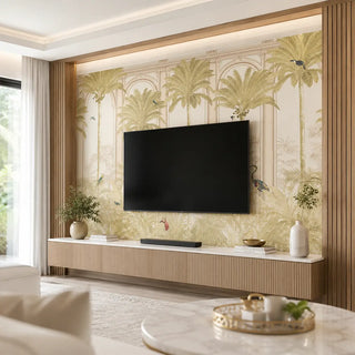 The Malang setup captures the essence of a sun-kissed getaway, featuring a tropical theme wallpaper with golden palm fronds and classical arch motifs. This rhythmic backdrop is beautifully complemented by a long, floating fluted console and vertical wood slats that draw the eye upward, enhancing the room's sense of height. With its warm, monochromatic palette and integrated cove lighting, the space achieves a luxurious resort-style aesthetic that is both invigorating and deeply relaxing. view-tvpanel