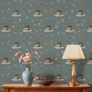 Malhar Indian Wallpaper Roll in Dusty Blue Color Living Room