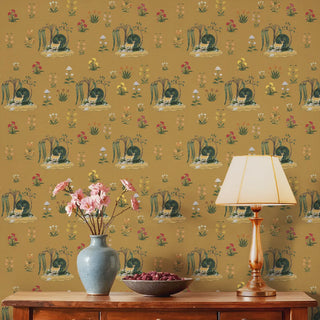 Malhar Indian Wallpaper Roll in Mustard Color Living Room