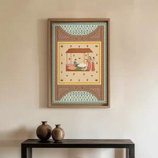 Gulistan wall art displayed above a wooden console table, highlighting detailed Mughal-inspired floral patterns and traditional Indian artistry.
