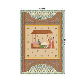 Meena Bazaar – Gulistan wall art showing women buying flowers from a vendor, framed in intricate Mughal-style floral borders on beige tones.