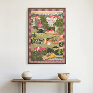 Mewar Indian Embroidered Wall Art displayed above a wooden console with ceramic décor, adding royal elegance and historical charm to home interiors.