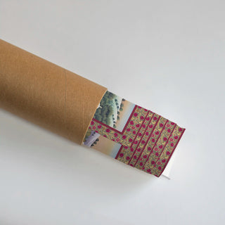 Rolled Mewar Indian Embroidered Wall Art Poster showing vibrant pink and gold borders with detailed miniature motifs, ideal for classic and luxurious wall styling.