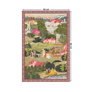 Mewar Indian Embroidered Wall Art Digital Print Poster in 44x66cm, illustrating royal pavilions and Mughal gardens in golden tones with intricate miniature detailing.