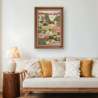 Mewar Indian Embroidered Wall Art framed above a cream sofa with textured cushions, creating a blend of Indian craftsmanship and modern interior design.