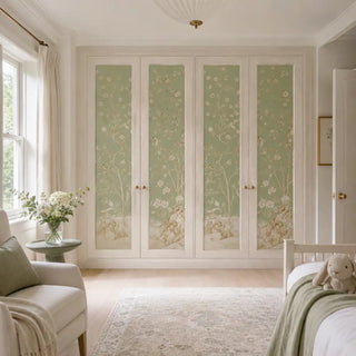 A wardrobe showcasing Mint Blossom Vintage Chinoiserie Wallpaper, Light Green. view-wardrobe
