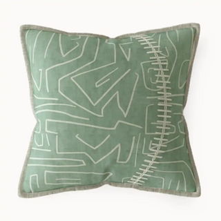 Front View Mint Stitch Cushion Cover modern square cushion in a refreshing mint green shade, featuring abstract white linear patterns with bold stitched detailing
