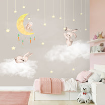 Bunnies in Sky: Kids Room Wallpaper, Beige
