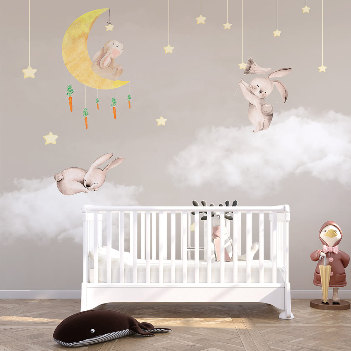 Bunnies in Sky: Kids Room Wallpaper, Beige | Life n Colors