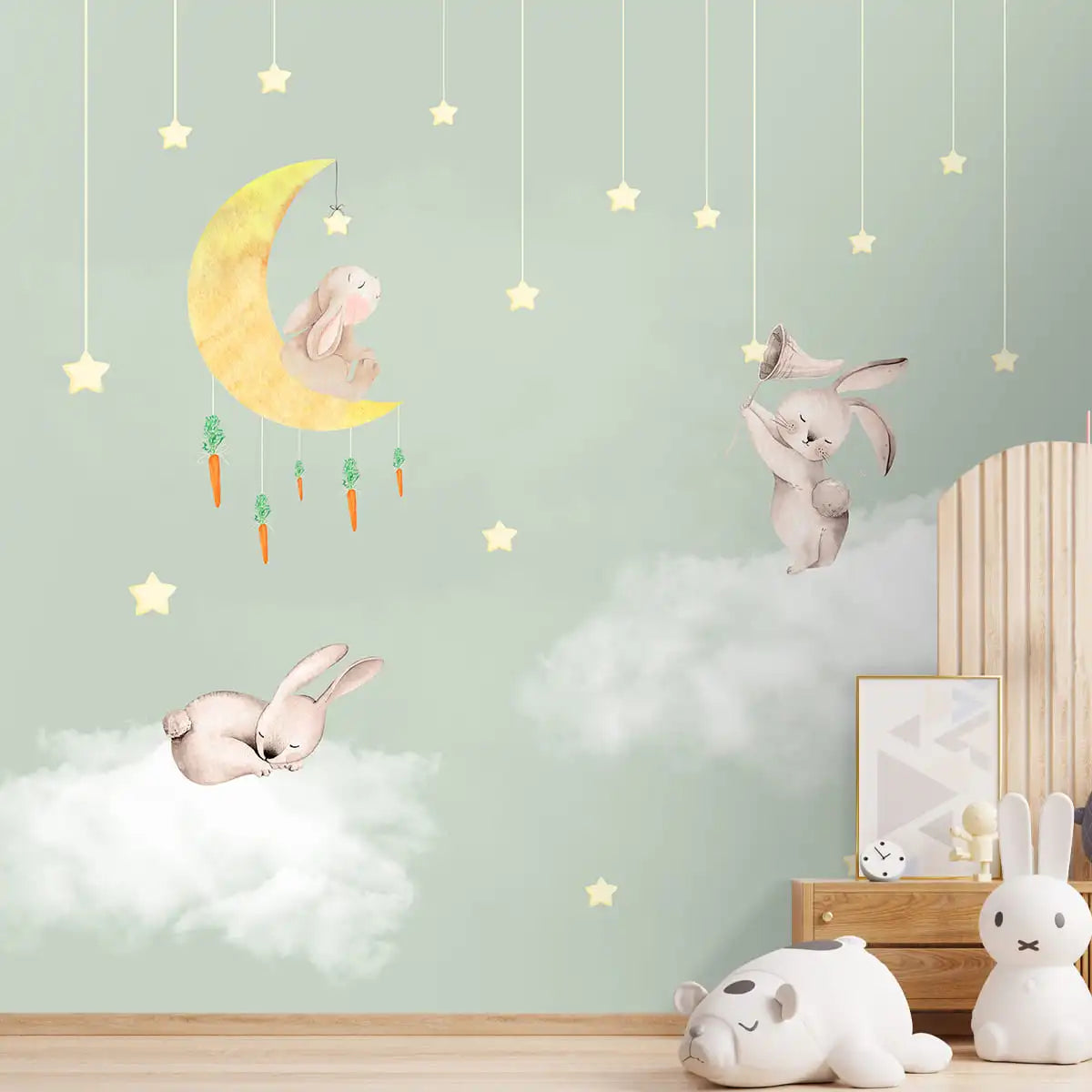 Bunnies in Sky Kids Room Wallpaper Pastel Green shop now