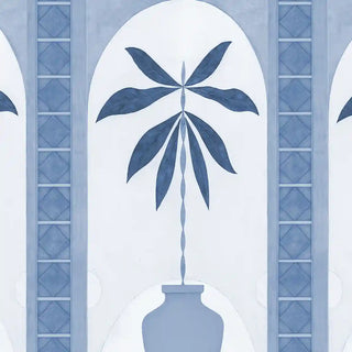 Monsoon Arches Border Wallpaper: Close-up detail of the stylized blue arch and palm plant motif.