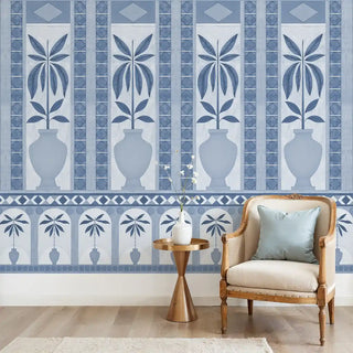 Monsoon Arches Mural Wallpaper: View of the mural as a feature wall behind a console table in a sitting area.