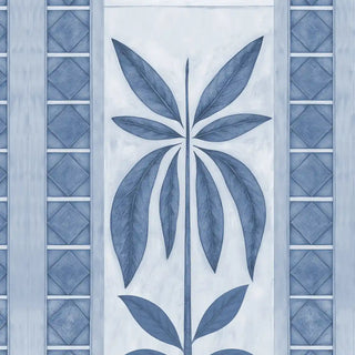 Decorative wallpaper with leaf pattern and geometric border on a light blue background