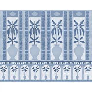 Monsoon Arches Mural Wallpaper: Close-up detail of the central stylized leaf motif and vase within the decorative panel.