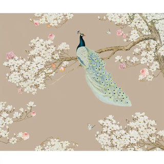 Peacock perched on a branch with cherry blossoms against a beige wallpaper