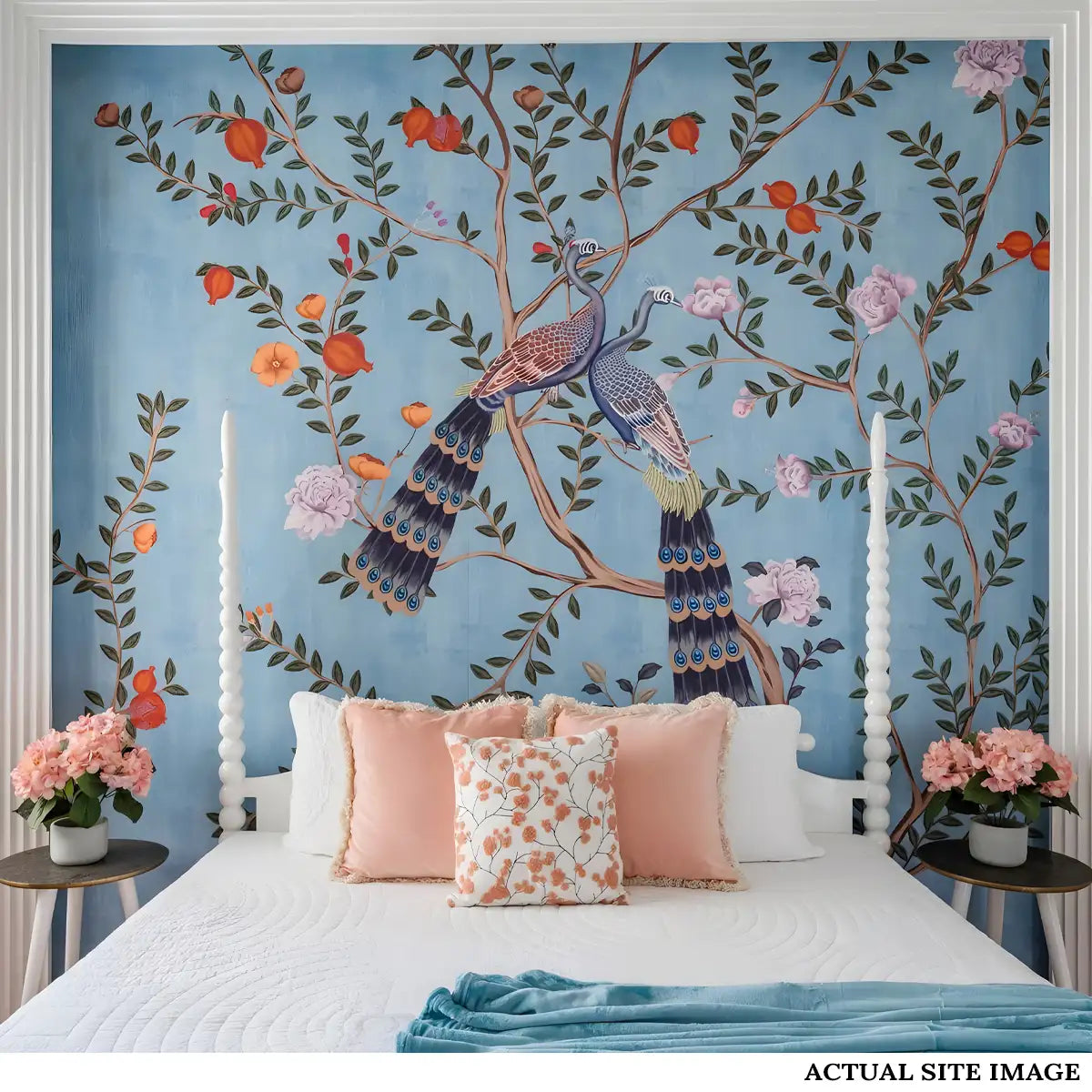 Morni, Peacock and Flowers Chinoiserie Design for Walls, Blue site image 