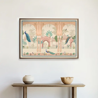 Mughal Garden With Peacock Indian Wall Art displayed above a minimalist console with ceramic décor, blending cultural grace with modern aesthetics.