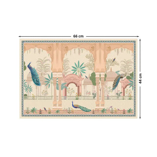Mughal Garden With Peacock Indian Wall Art Digital Print Poster in 44x66cm, depicting royal peacocks in an ornate Mughal courtyard with floral detailing.