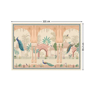 Mughal Garden With Peacock Indian Wall Art Digital Print Poster in 81.2x121cm, a grand depiction of heritage architecture and nature in serene tones.