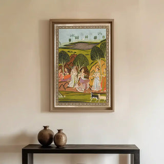 Musical Evening Vintage Indian Wall Art displayed above a wooden console with earthen vases, blending traditional Indian art with contemporary décor.