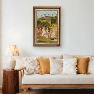 Musical Evening Vintage Indian Wall Art framed above a beige sofa with textured cushions, adding warmth and cultural depth to a modern living room.
