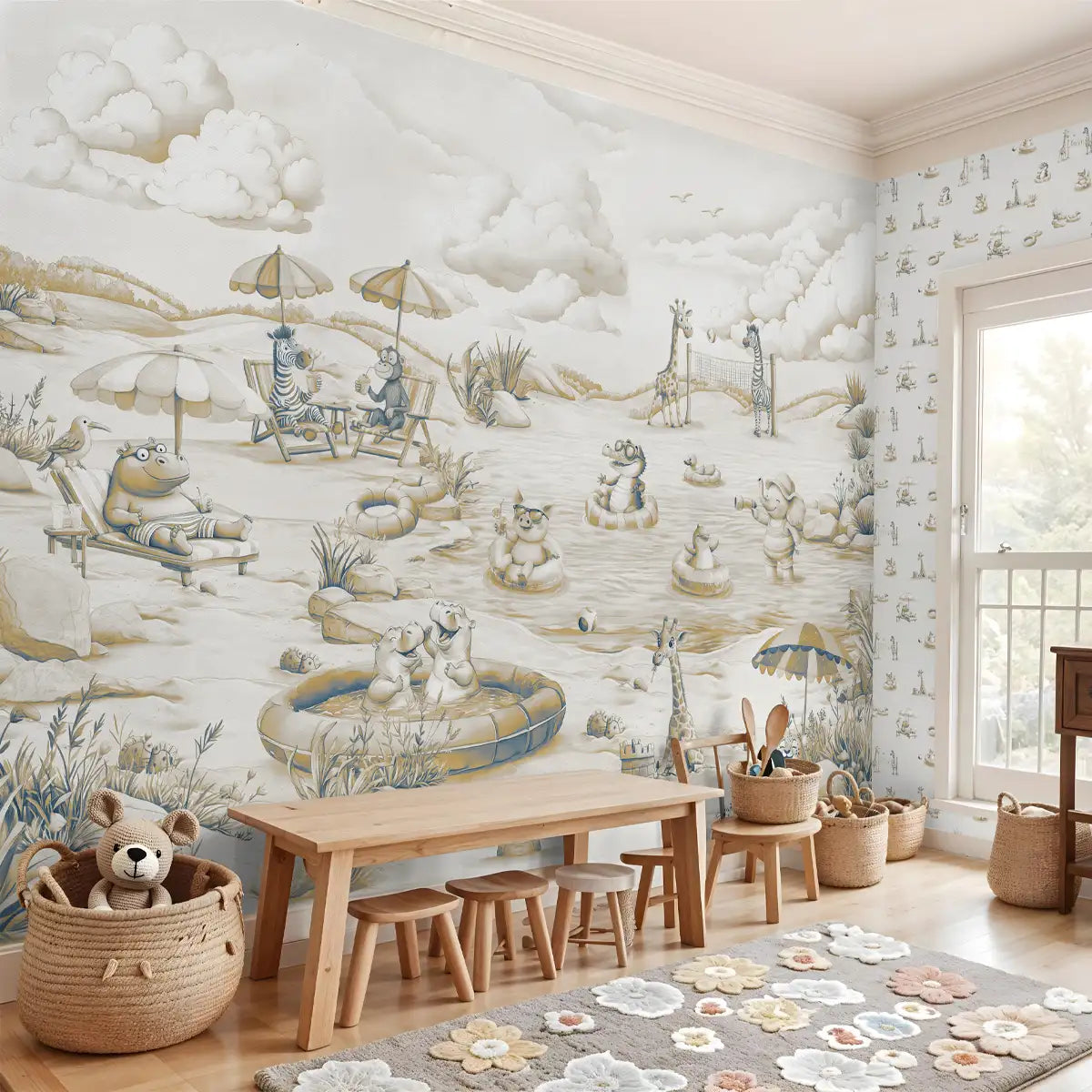 Muted Cocoa Jungle Beach Bash Kids Room Wallpaper Study Area 