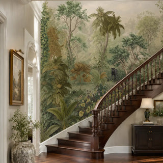 A staircase area showcasing Mystic Canopy, Jungle Theme Wallpaper. view-staircase

