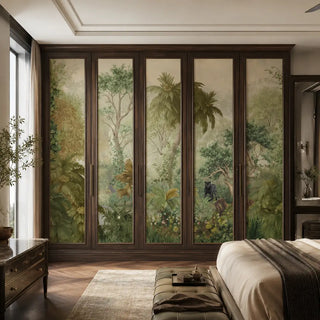 A wooden wardrobe showcasing Mystic Canopy, Jungle Theme Wallpaper. view-wardrobe
