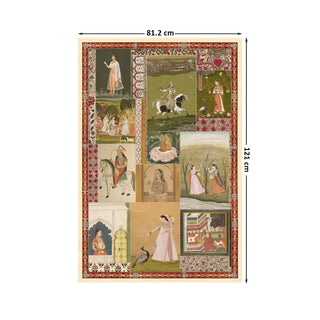 Netri Vintage Indian Wall Art Digital Print Poster in 81.2x121cm, detailed with narrative vignettes and intricate red floral borders inspired by Indian craftsmanship.