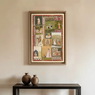 Netri Vintage Indian Wall Art displayed above a console with ceramic vases, adding a touch of royal Indian history to a minimalist home interior.