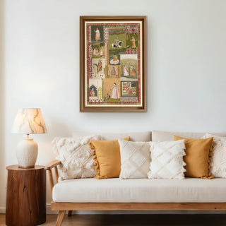 Netri Vintage Indian Wall Art framed above a modern beige sofa with mustard cushions, offering a refined blend of heritage art and cozy living décor.