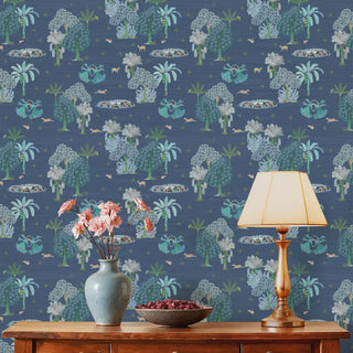 Nritya Indian Wallpaper Roll in Blue Color Living Area