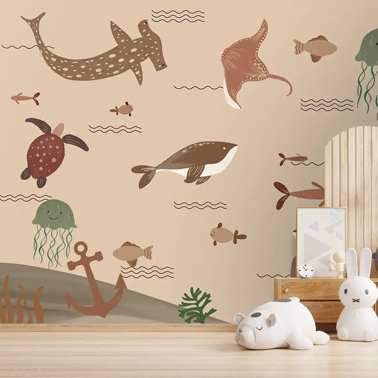 Ocean Wonders Kids Room Wallpaper Antique Brown Play Area