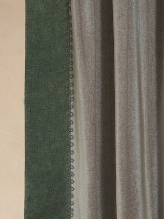 Olivia Readymade Curtain in Linen and Velvet readymade curtain, Detailed view showing the transition from oatmeal linen to forest green velvet, accented by an intricate braided trim.
