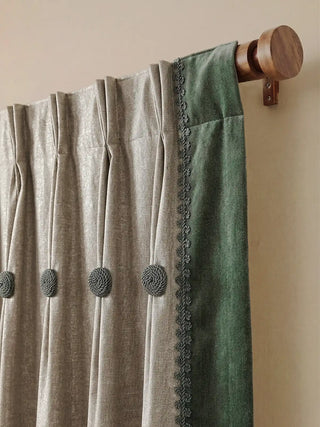 Close-up of the professional pinch-pleat tailoring and hand-finished braided rope accents on the Olivia 
curtain header.